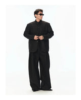 Black Striped Wool Stand Collar Blazer
