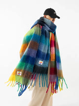 Fringed Rainbow Plaid Faux Cashmere Scarf