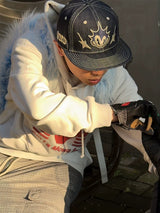 Embroidered Flat-Brim Denim Baseball Cap