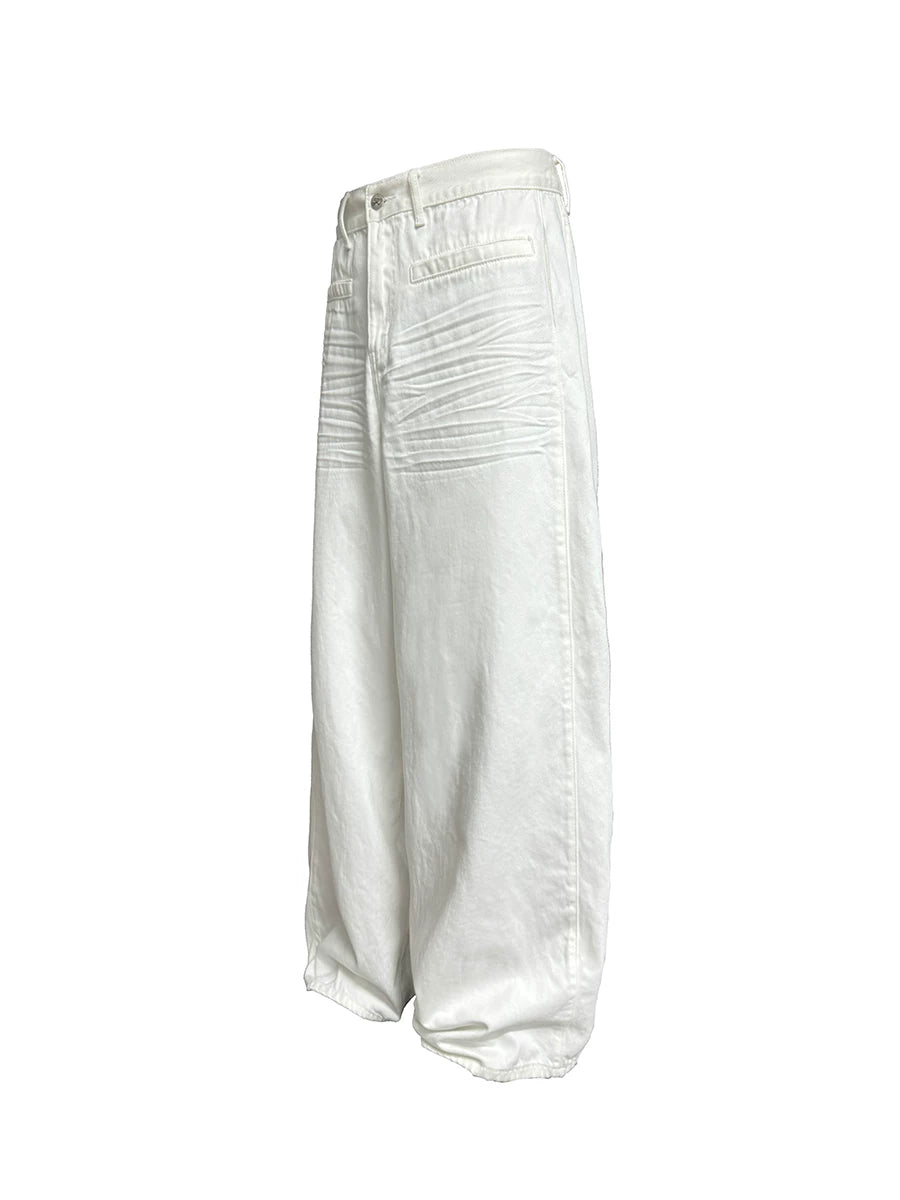 Pleated Distressed White Baggy Denim Jeans