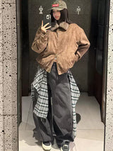 Detachable Plaid Washed Oversized Jeans