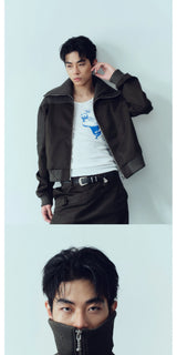 Army Green Ribbed Zip Lapel Jacket