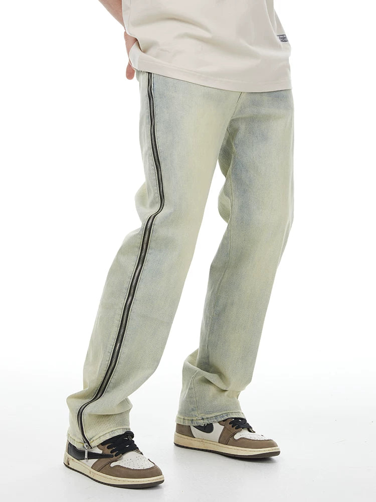 Yellow Washed Distressed Straight Jeans