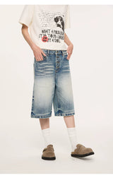 Whisker Wash Button Denim Shorts