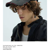 Long Brim Red Embroidered Distressed Cap