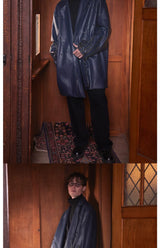 Navy Oversized Multi-Zipper Punk Leather Coat
