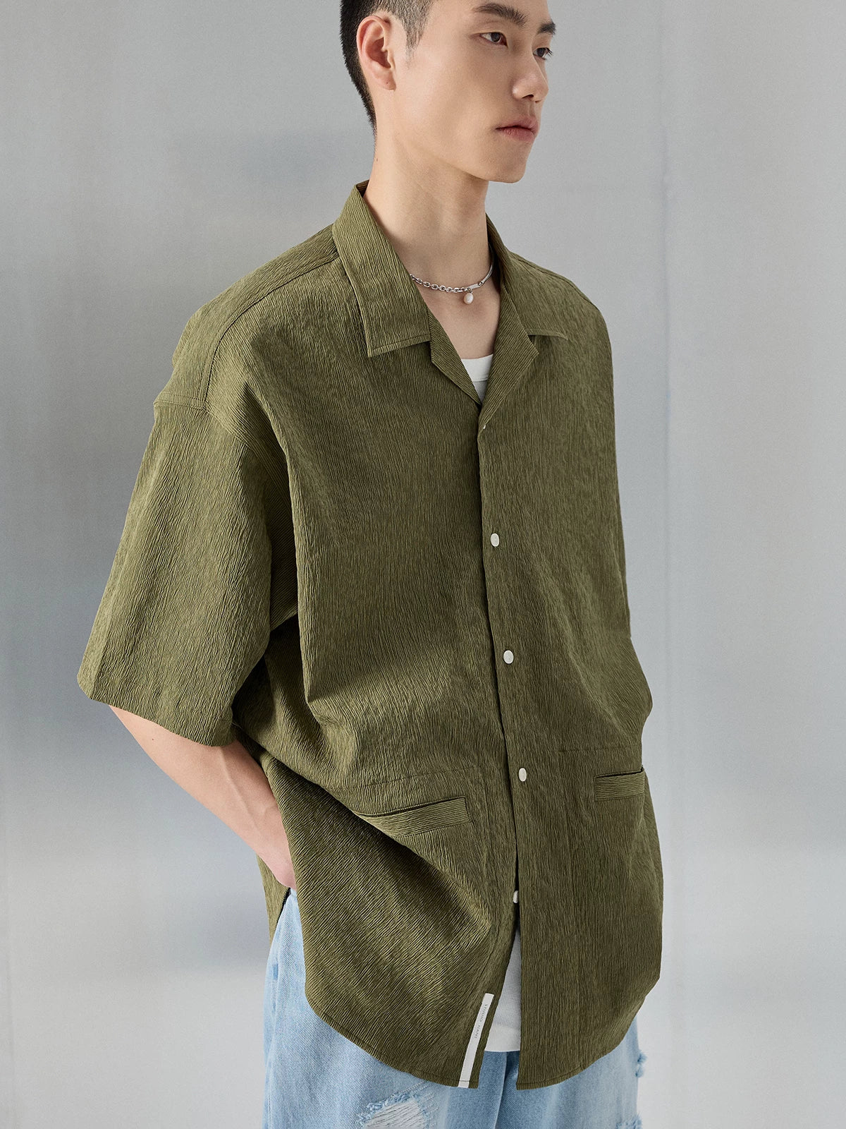 Bark Textured Cuban Collar Casual Shirt
