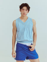 Blue Checkered Lace V-neck Cashmere Vest