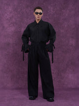 Men's Long-Sleeve Black-and-White Ruffled Sash Shirt