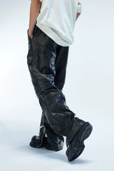 Men's Two-Tone Distressed Straight Leather Pants