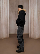 Heavy-Washed Paneled Curved Multi-pocket Cargo Jeans