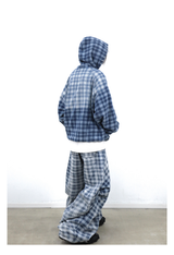 Gradient-Washed Plaid Stud Print Denim Hoodie