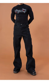Men's Black Studded Loose Flared Jeans