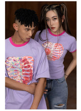 Oversized Embroidered Purple Heart Skeleton Tee