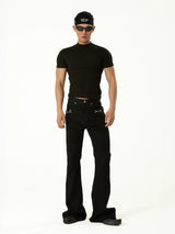 Men's Black Metal Buckle Jeans