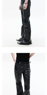 Black Zipped Coated Flared Leather Pants