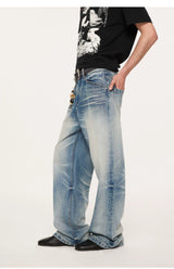 13oz Washed-Whiskered Cream Blue Straight Jeans