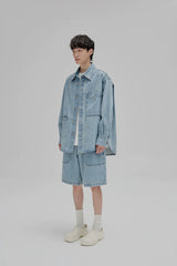 14Oz Washed Denim Asymmetric-Pocket Shirt Jacket