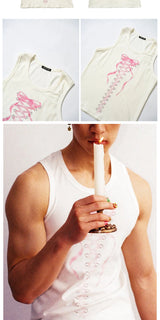 Bow Strap Print Ribbed Tank Top