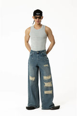 Men's Blue Distressed Riveted Straight Jeans