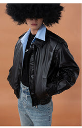 Black Shirt-Collared Faux Leather Moto Jacket