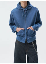 Short Drawstring Embroidered Distressed Hoodie