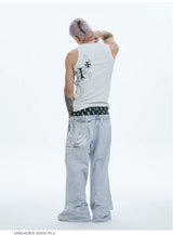 Flared Digital Print Double Waistband Sweatpants