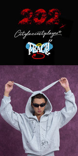 Men's Gray Bunny Ears Printed Hoodie