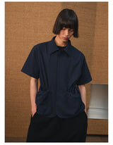 Short Sleeve Bubble Pleat Drawstring Shirt