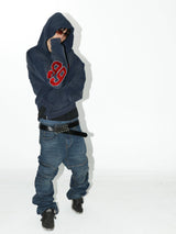 Navy Washed Embroidered Cropped Zip-Up Hoodie