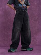 Men's Faded Black Curved Wide Jeans