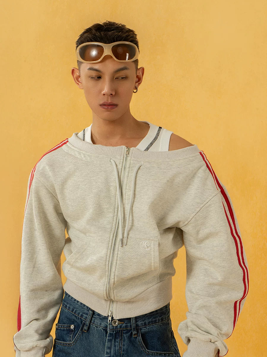 Heather Gray Striped Off-Shoulder Zip-Up Sweatshirt