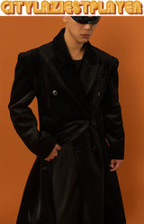 Men's Long Black Velvet Wool Coat