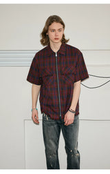 Men's Frayed Plaid Zip Short-sleeved Shirt
