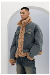Unisex Vintage Faux Shearling Denim Puffer
