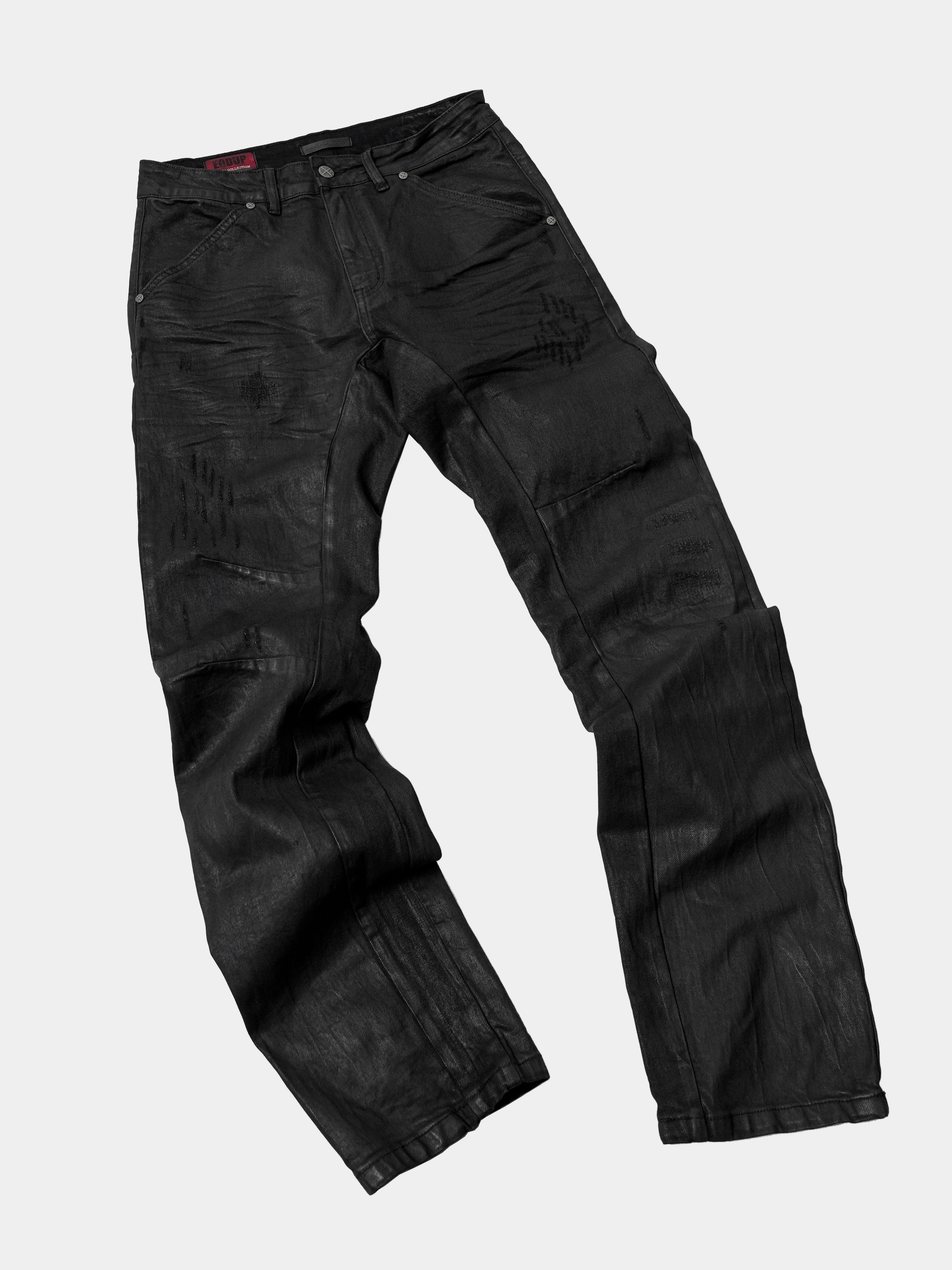 Waxed Distressed Curved Slim Jeans