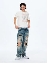 Men's Distressed Washed Straight Leg Jeans