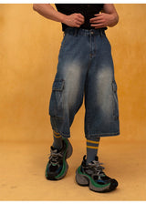 Men's Blue Relaxed Cargo Cropped Jeans
