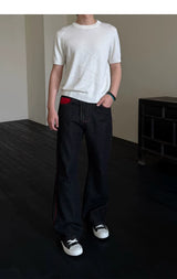 Men's Embroidered Flared Raw Denim Jeans