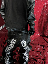Black Wide-Leg Sanskrit Embroidered Leather Pants
