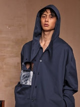 Loose Cutout Detachable Hooded Printed Shirt