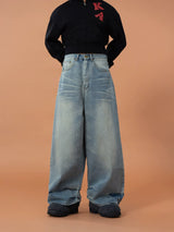 Men's Blue Printed Baggy Jeans
