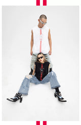 Men's White Loose Hand-Printed Tank Tops