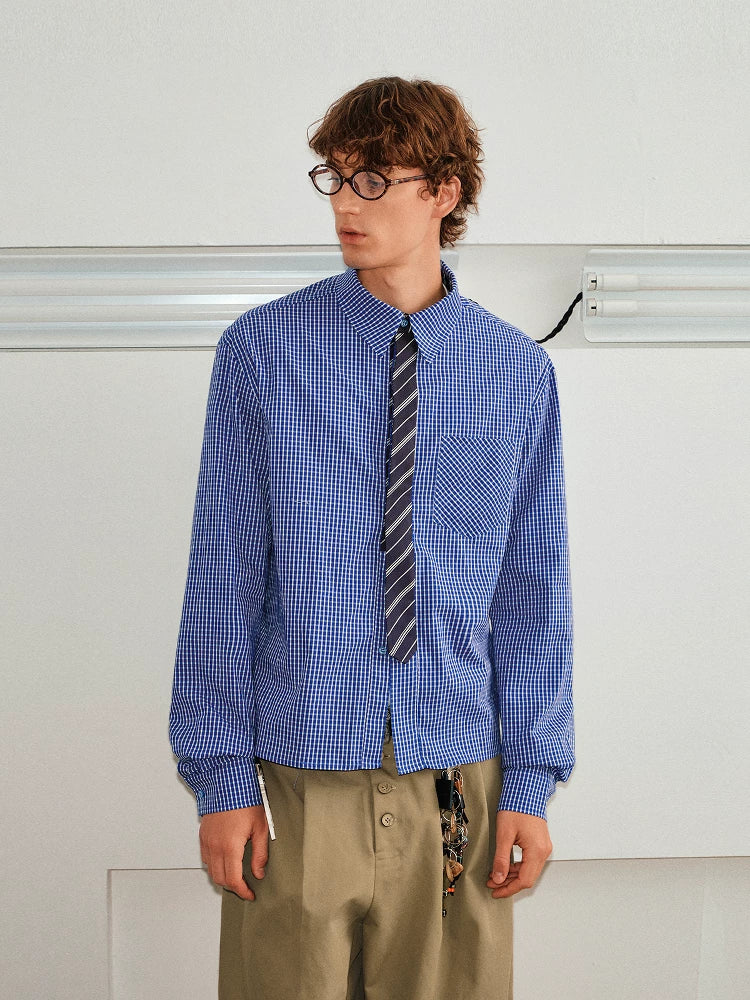 Plaid Tie Patchwork Long Sleeve Shirt