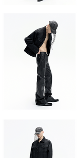 Dark Stacked Waxed Straight Skinny Pants