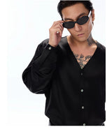 Satin V-Neck Acetate Long-Sleeve Shirt