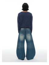 Pleated Distressed Wide Curved Jeans