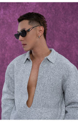 Long Charcoal V Neck Wool Sweater