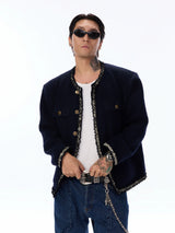 Wool Blend Navy Blue Tweed Coat