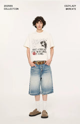 Whisker Wash Button Denim Shorts